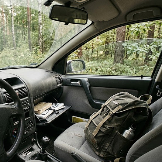 Intérieur d'une voiture garée en forêt, boîte à gants ouverte et sac à dos sur le siège passager