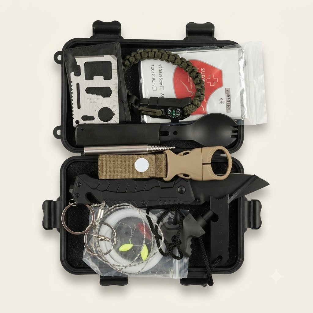 Kit de survie Ultime Survie 11 pièces, étui ouvert sur fond clair montrant couteau, allume-feu, boussole et couverture de survie