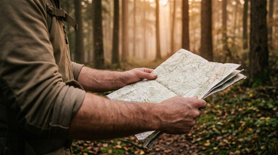 Randonneur consultant une carte topographique papier en forêt en fin de journée