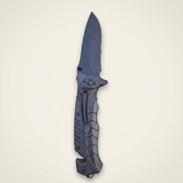 Couteau pliant multifonction avec lame dentelée et clip de ceinture