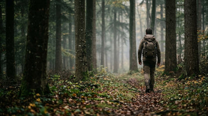Randonneur en forêt de moyenne montagne équipé pour une sortie outdoor