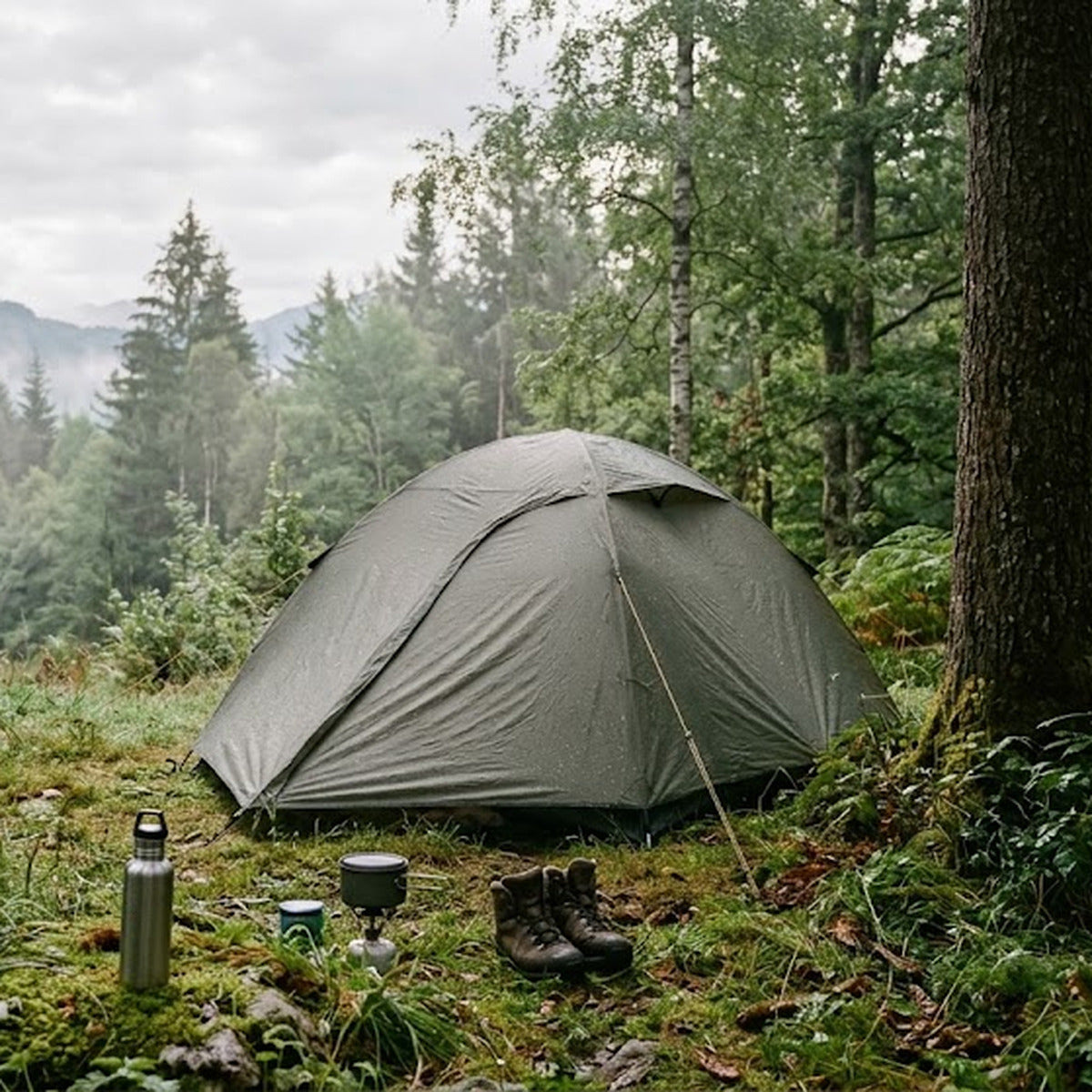 Tente de bivouac en forêt au petit matin, gourde et chaussures posées dans l'herbe