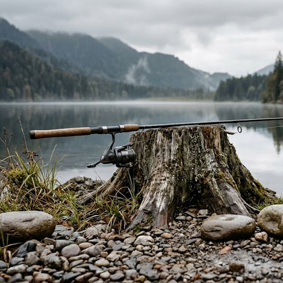 Canne à pêche posée sur une souche au bord d'un lac de montagne