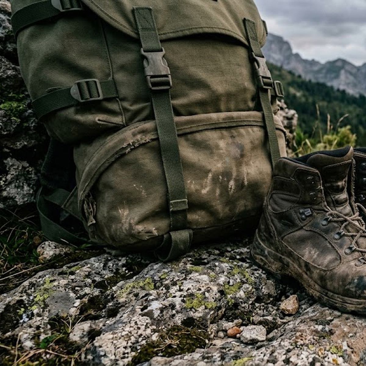 Sac à dos et chaussures de randonnée posés sur un rocher au bord d'un sentier de montagne